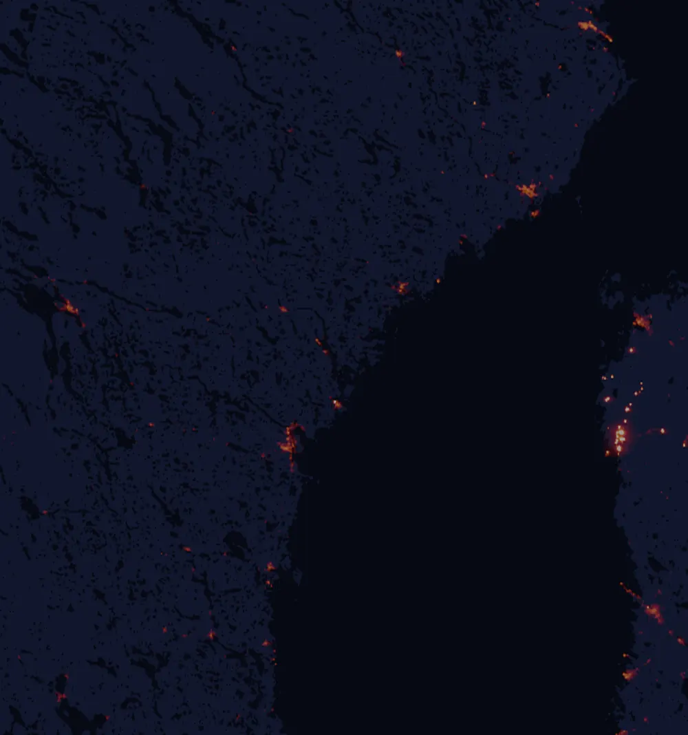 NASA satellite night-lights map of Västernorrland with every place marked