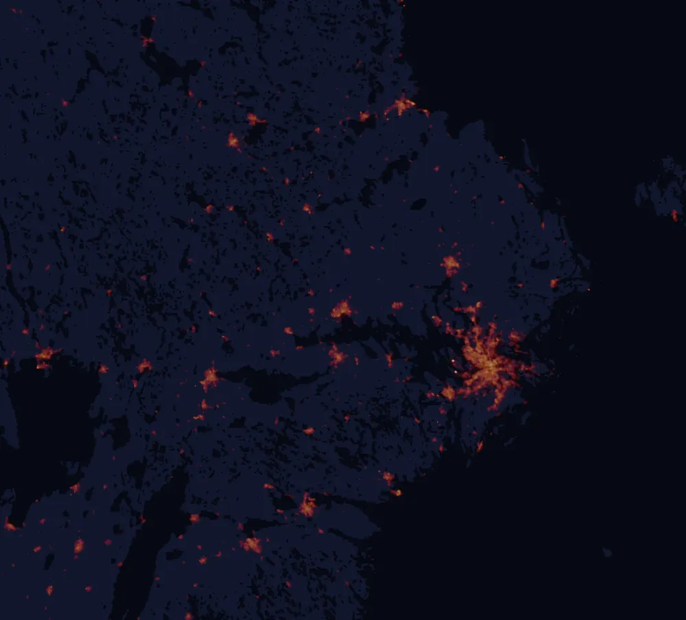 NASA satellite night-lights map of Västmanland with every place marked