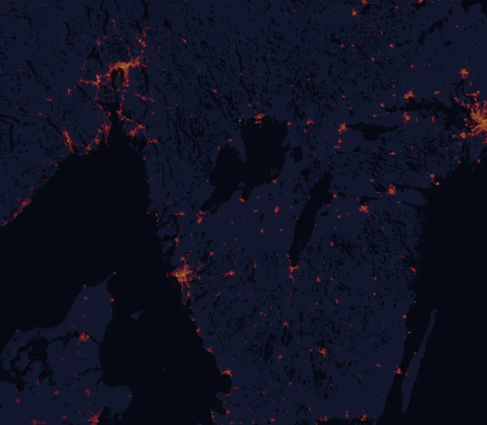 NASA satellite night-lights map of Västra Götaland with every place marked