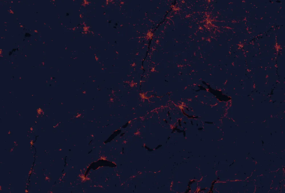NASA satellite night-lights map of Basel-City with every place marked