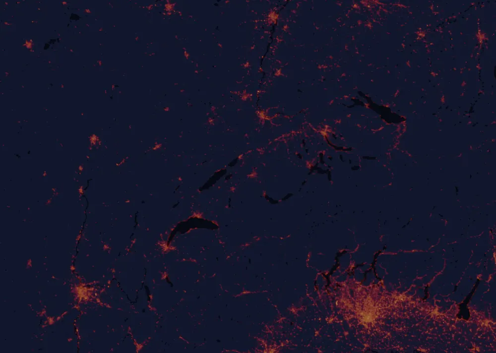 NASA satellite night-lights map of Bern with every place marked