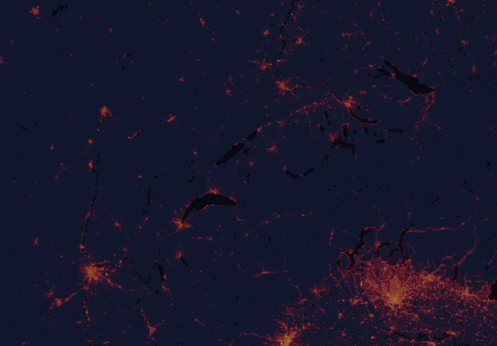 NASA satellite night-lights map of Fribourg with every place marked