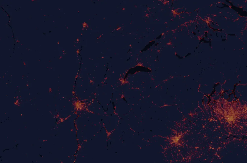 NASA satellite night-lights map of Geneva with every place marked