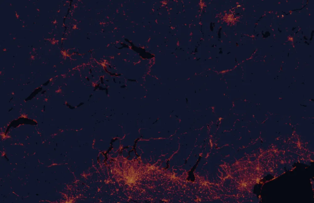 NASA satellite night-lights map of Grisons with every place marked