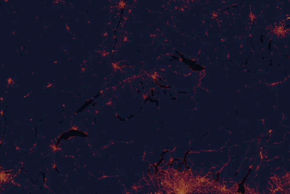 NASA satellite night-lights map of Lucerne with every place marked