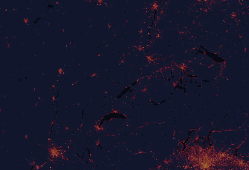 NASA satellite night-lights map of Neuchâtel with every place marked