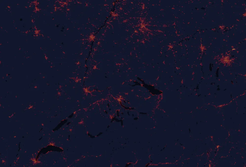 NASA satellite night-lights map of Schaffhausen with every place marked