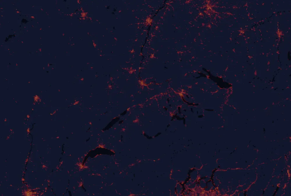 NASA satellite night-lights map of Solothurn with every place marked