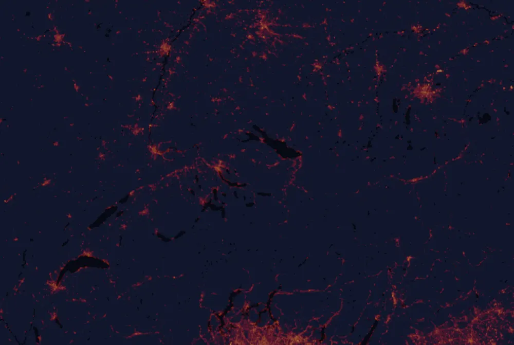 NASA satellite night-lights map of St. Gallen with every place marked