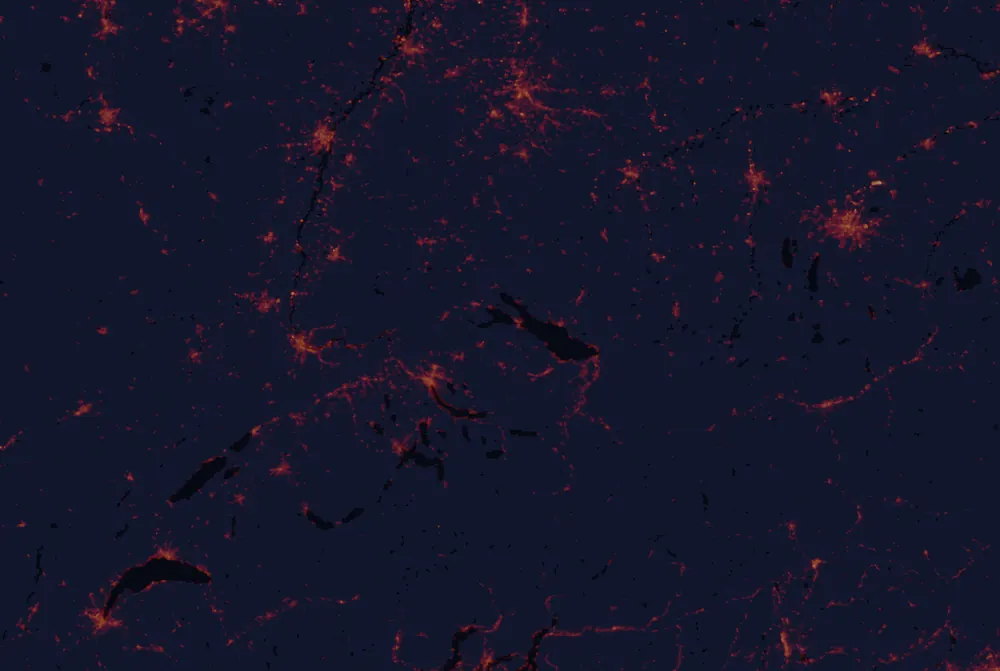 NASA satellite night-lights map of Thurgau with every place marked