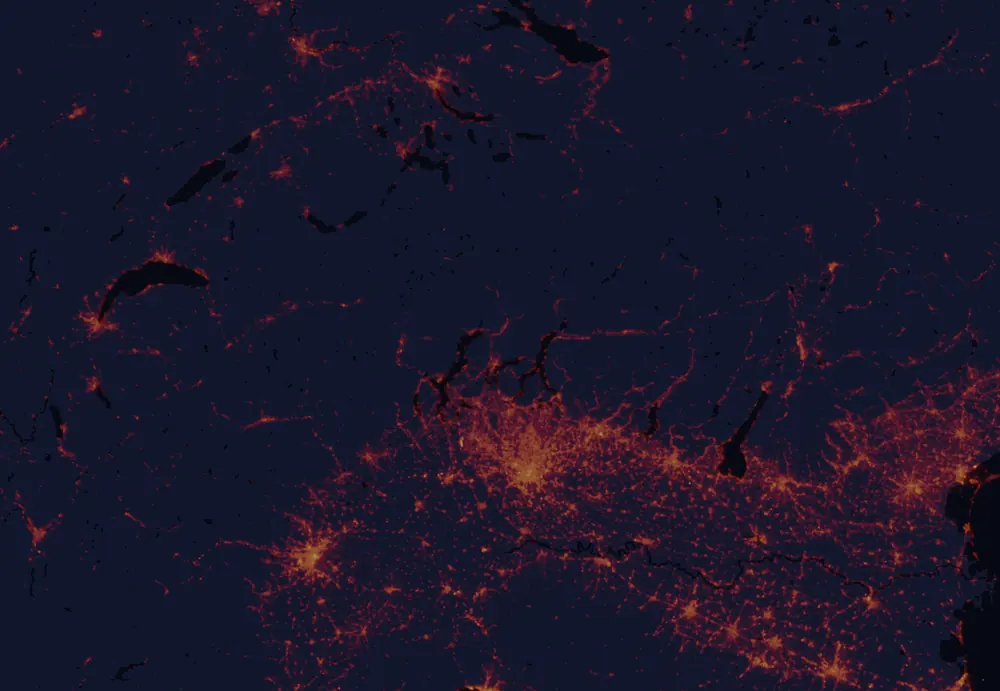 NASA satellite night-lights map of Ticino with every place marked