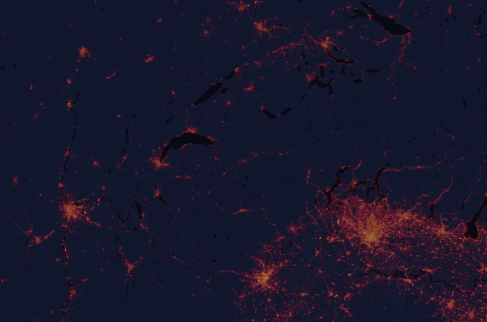 NASA satellite night-lights map of Valais with every place marked
