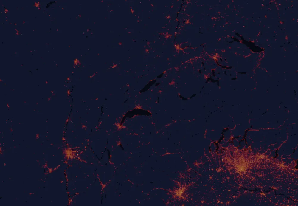 NASA satellite night-lights map of Vaud with every place marked