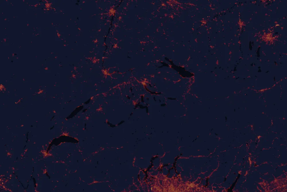 NASA satellite night-lights map of Zug with every place marked
