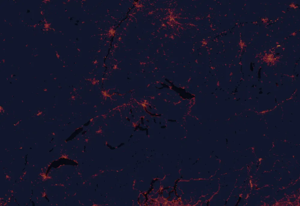 NASA satellite night-lights map of Zurich with every place marked