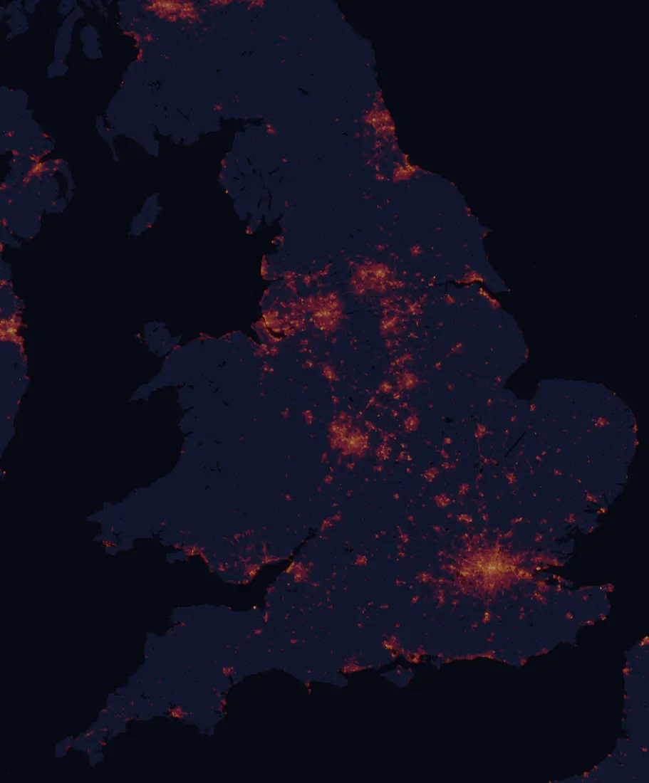 NASA satellite night-lights map of England with every place marked