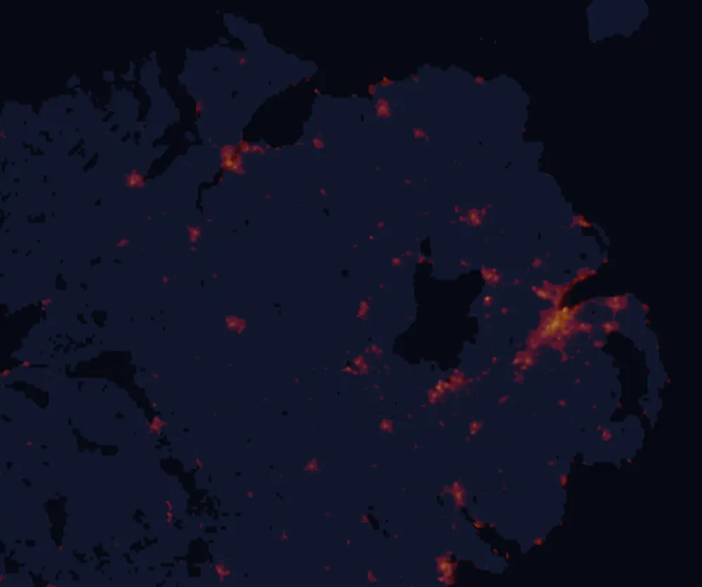 NASA satellite night-lights map of Northern Ireland with every place marked