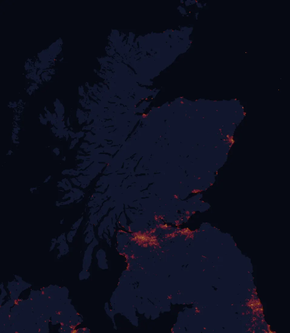 NASA satellite night-lights map of Scotland with every place marked