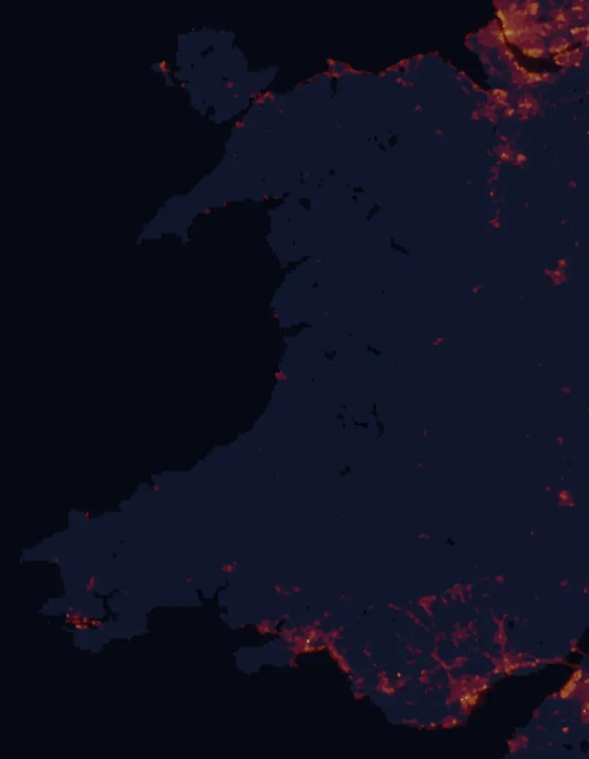 NASA satellite night-lights map of Wales with every place marked