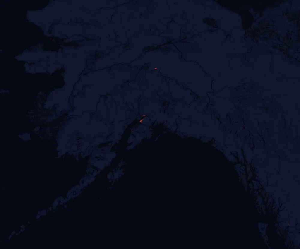 NASA satellite night-lights map of Alaska with every place marked