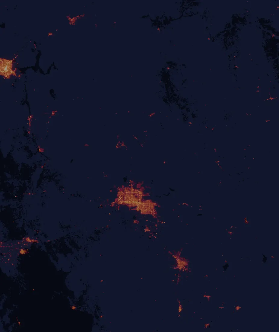 NASA satellite night-lights map of Arizona with every place marked