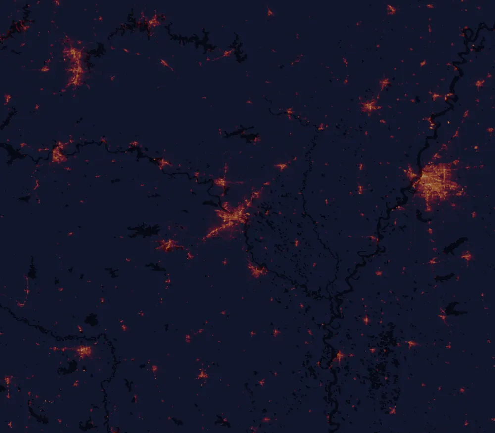 NASA satellite night-lights map of Arkansas with every place marked