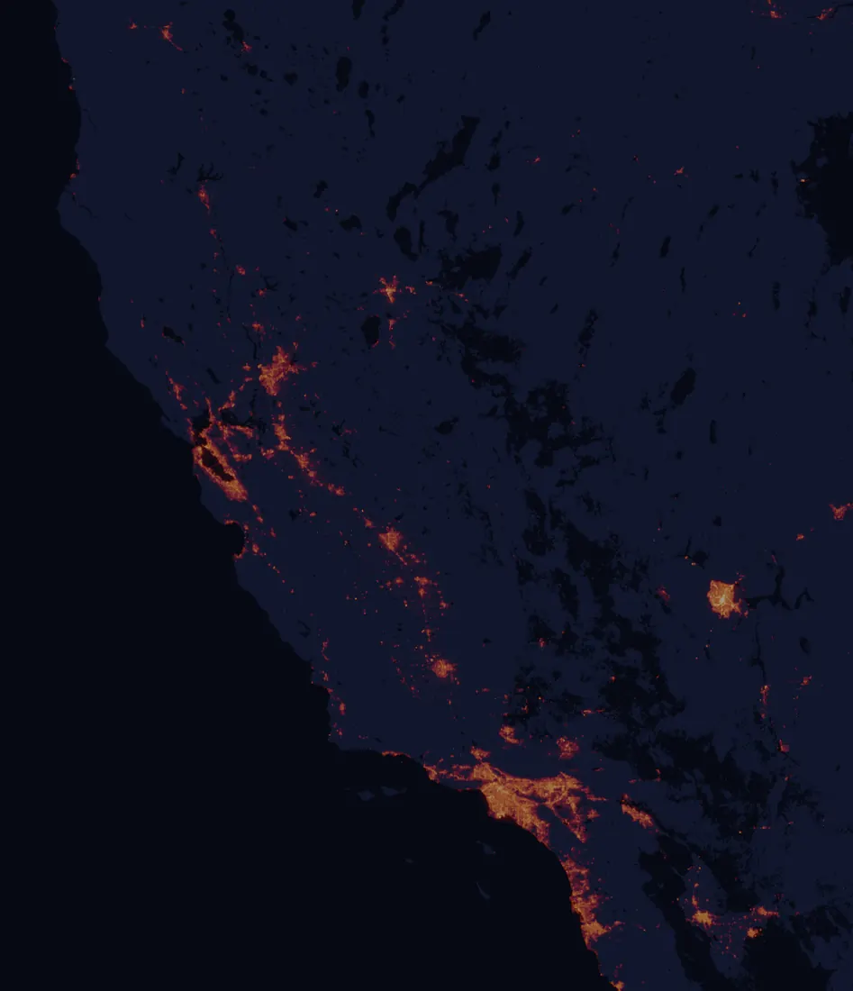 NASA satellite night-lights map of California with every place marked