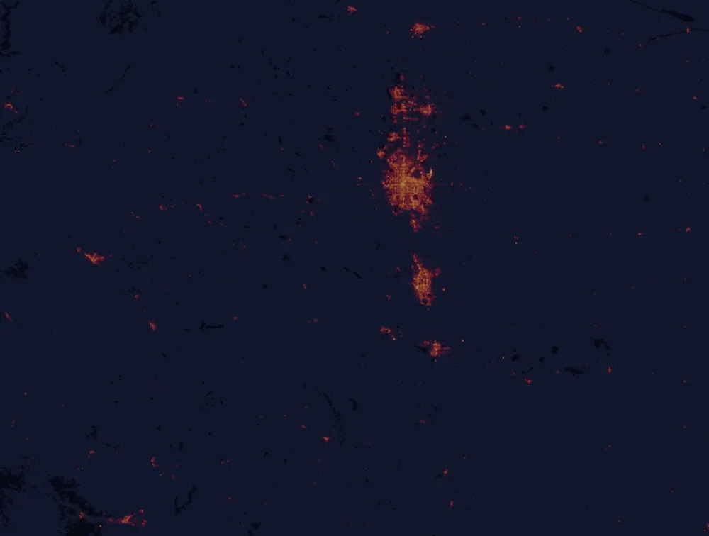 NASA satellite night-lights map of Colorado with every place marked