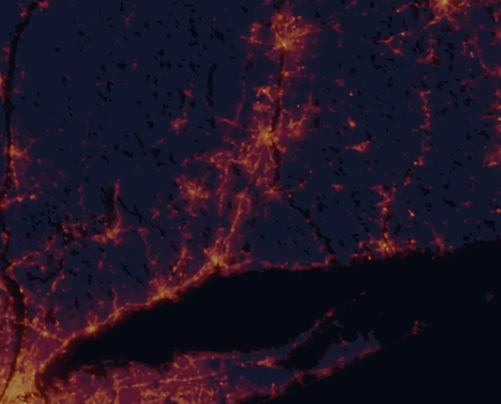 NASA satellite night-lights map of Connecticut with every place marked