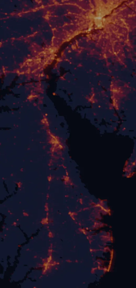 NASA satellite night-lights map of Delaware with every place marked