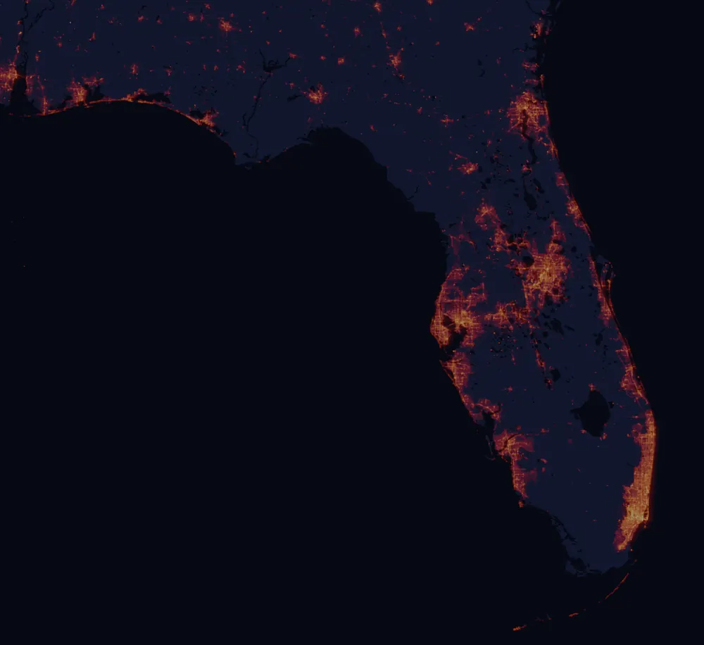 NASA satellite night-lights map of Florida with every place marked