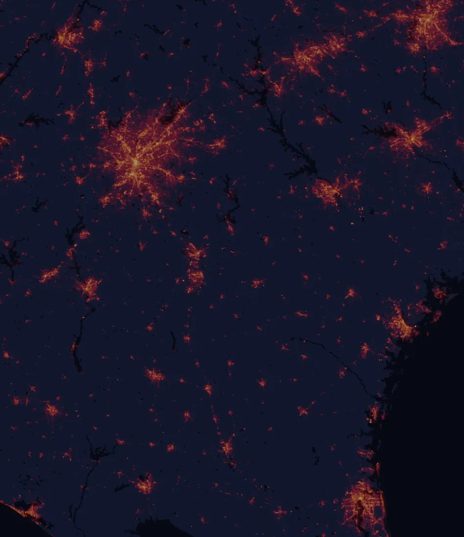 NASA satellite night-lights map of Georgia with every place marked
