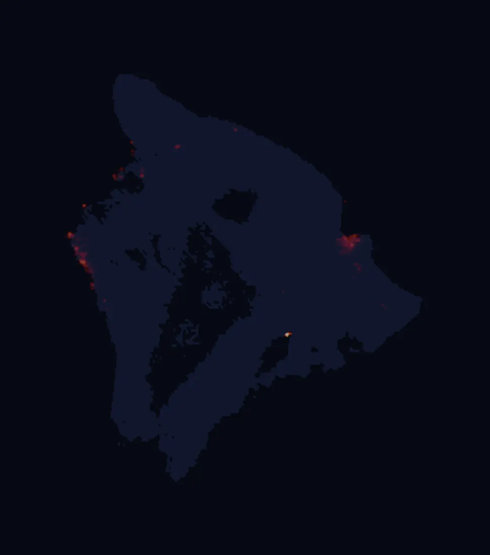 NASA satellite night-lights map of Hawaii with every place marked