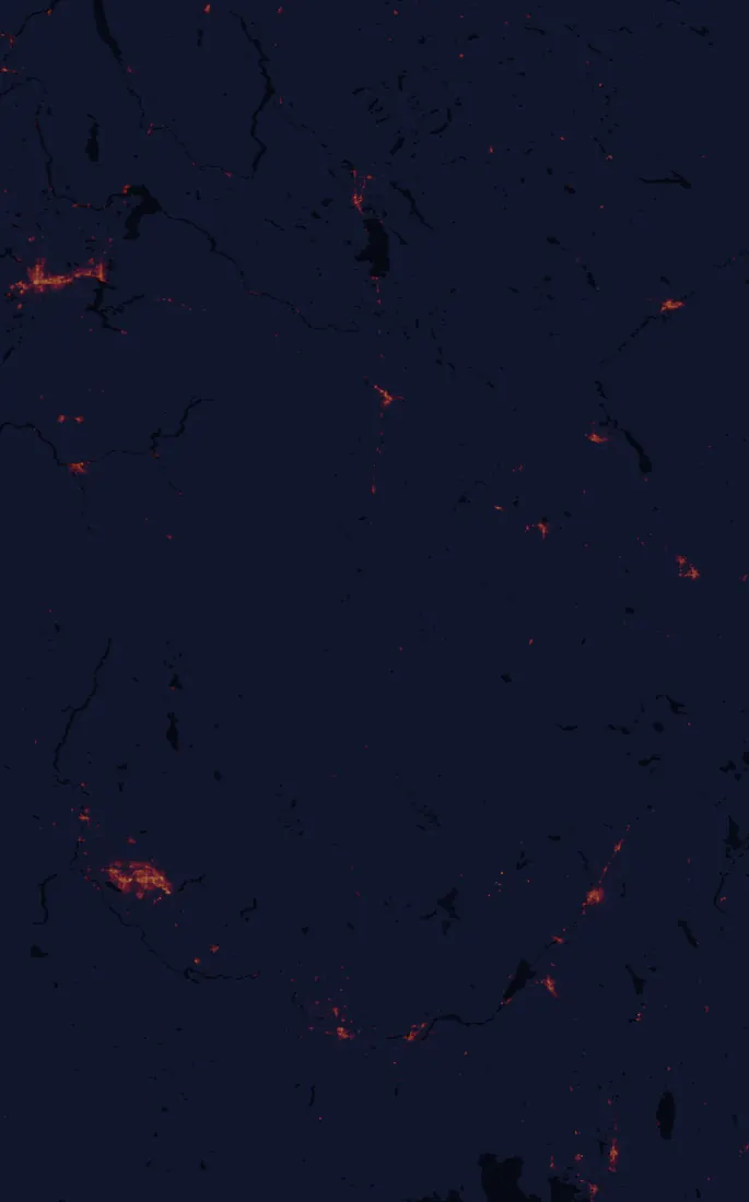 NASA satellite night-lights map of Idaho with every place marked