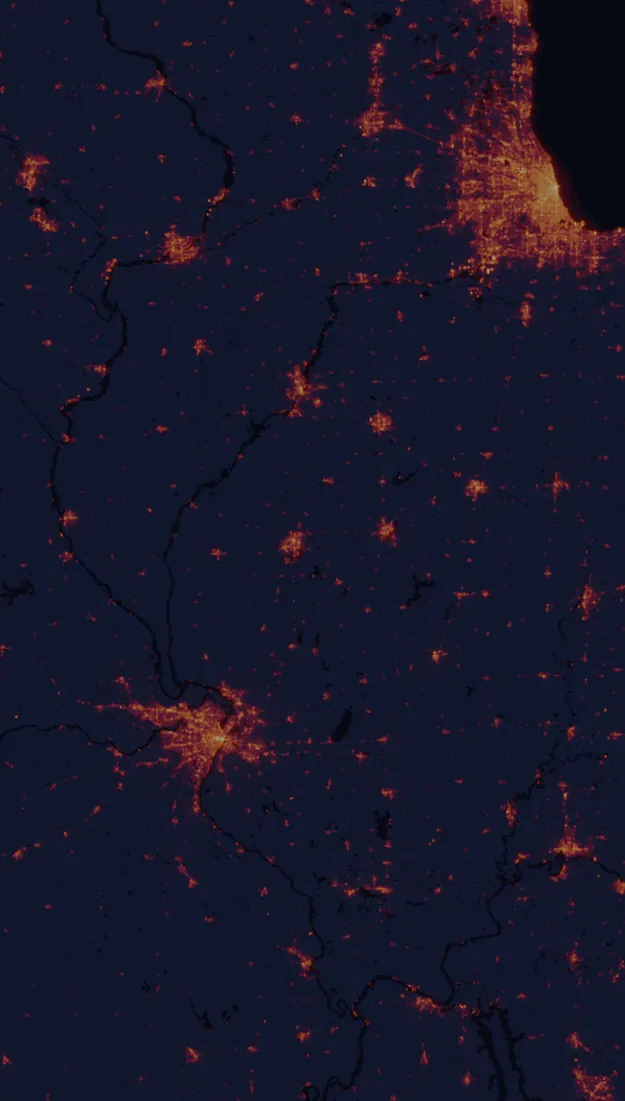 NASA satellite night-lights map of Illinois with every place marked