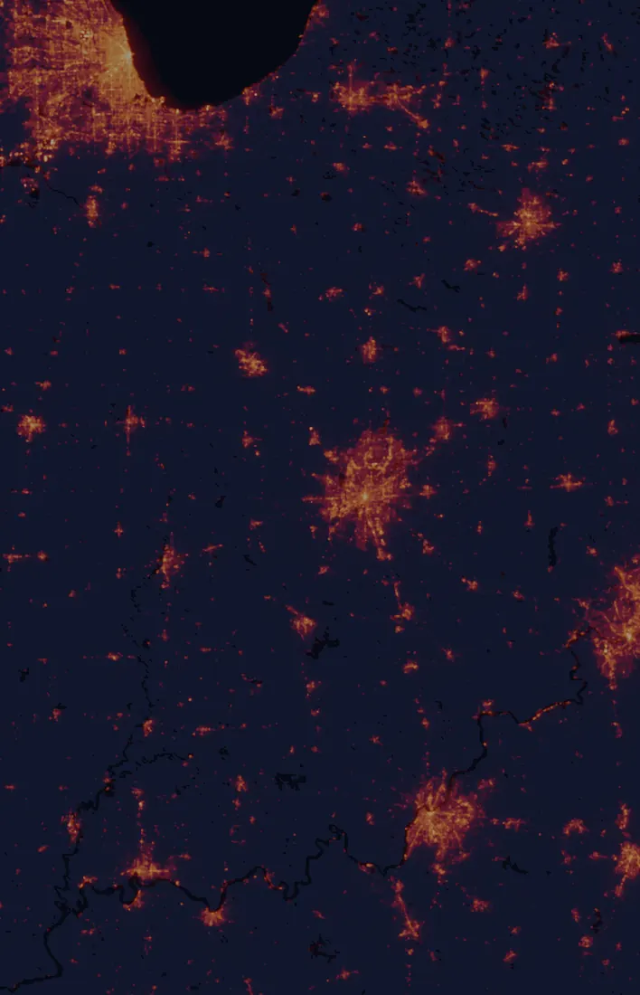 NASA satellite night-lights map of Indiana with every place marked