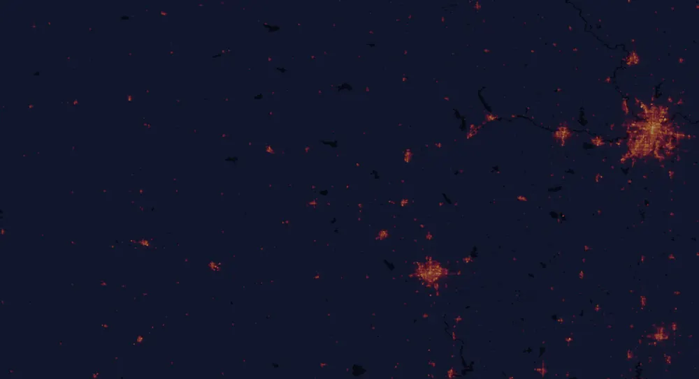 NASA satellite night-lights map of Kansas with every place marked