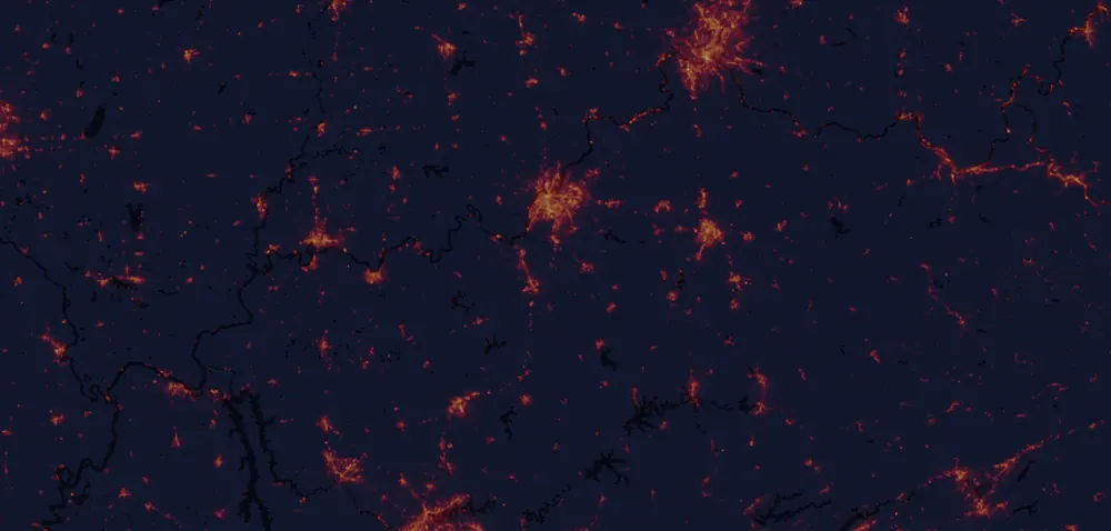 NASA satellite night-lights map of Kentucky with every place marked