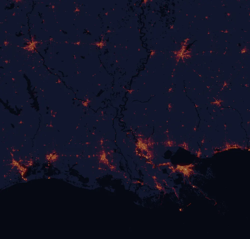 NASA satellite night-lights map of Louisiana with every place marked