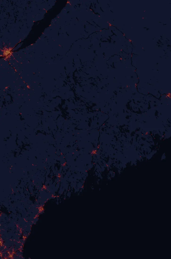 NASA satellite night-lights map of Maine with every place marked