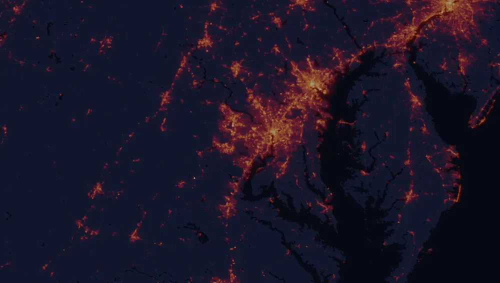 NASA satellite night-lights map of Maryland with every place marked