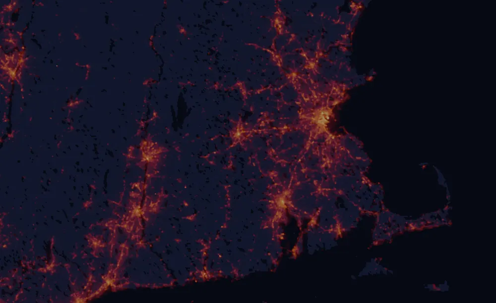 NASA satellite night-lights map of Massachusetts with every place marked