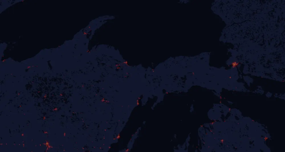NASA satellite night-lights map of Michigan with every place marked
