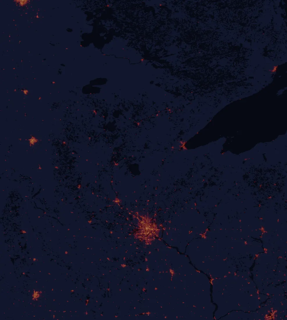 NASA satellite night-lights map of Minnesota with every place marked