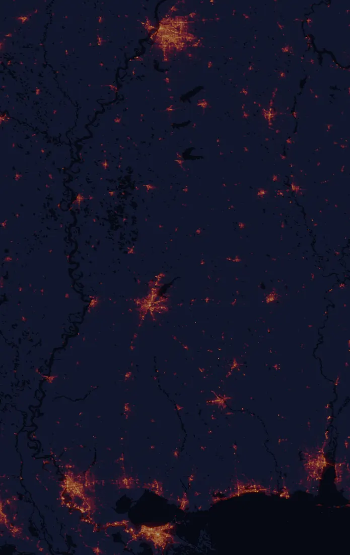 NASA satellite night-lights map of Mississippi with every place marked