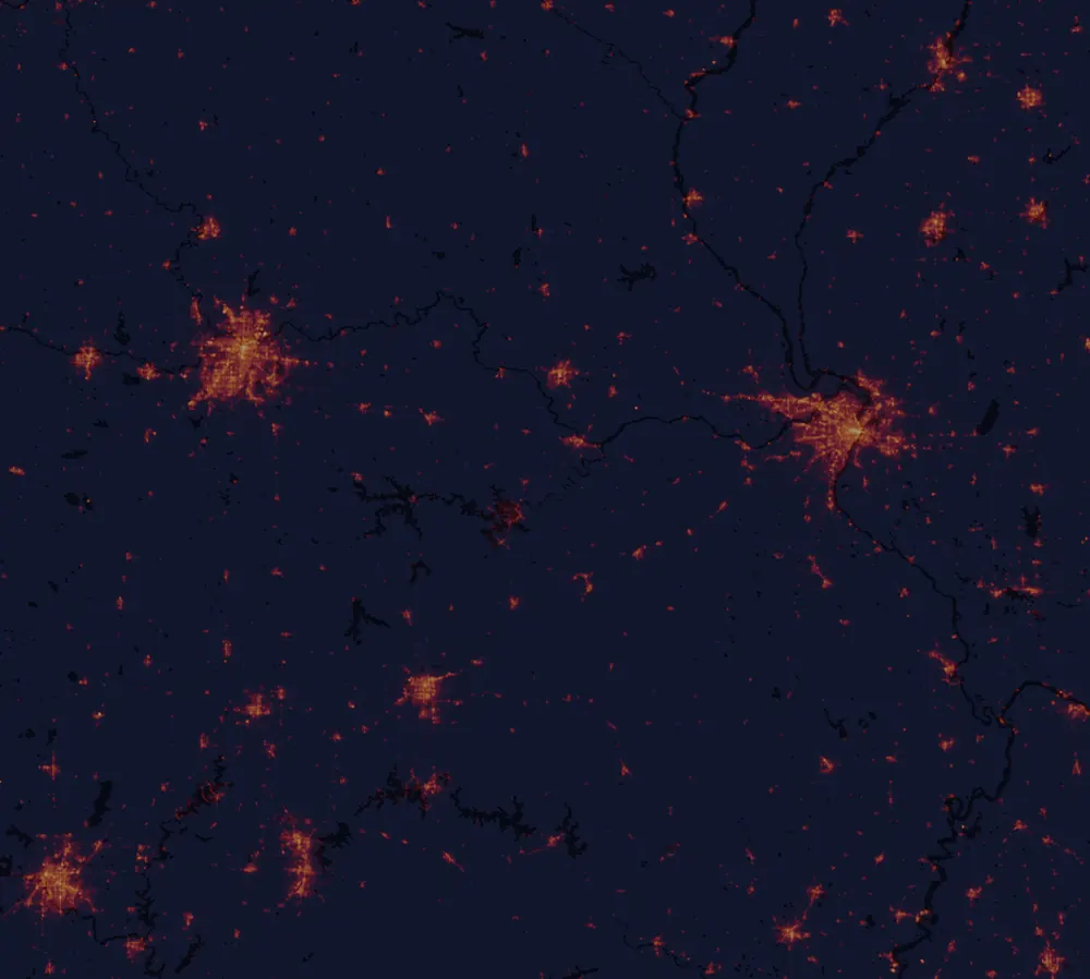 NASA satellite night-lights map of Missouri with every place marked