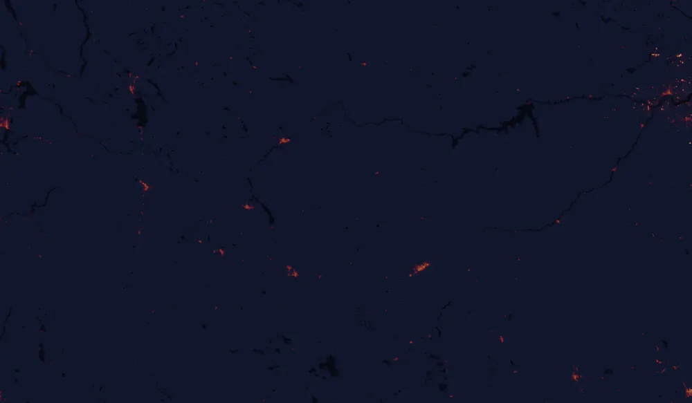 NASA satellite night-lights map of Montana with every place marked