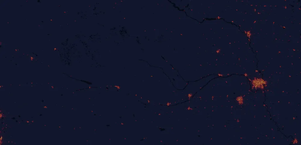 NASA satellite night-lights map of Nebraska with every place marked