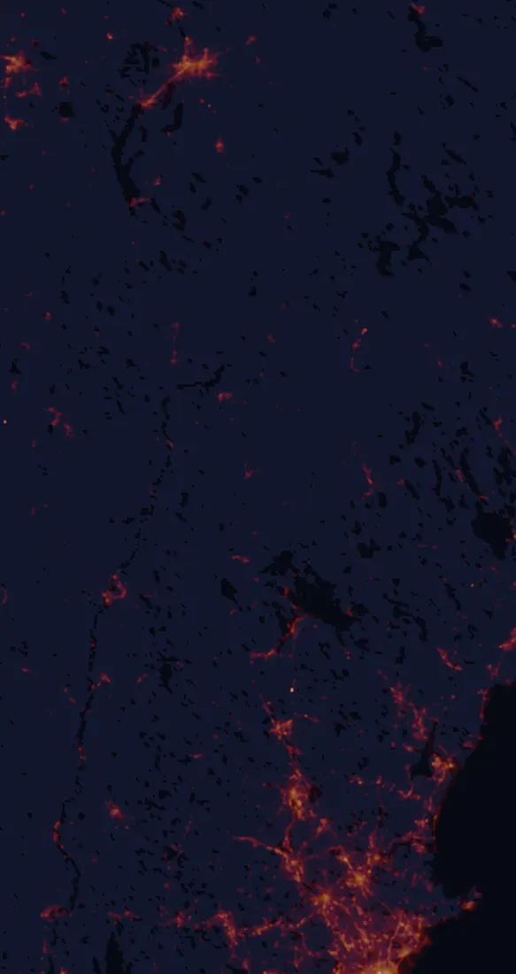 NASA satellite night-lights map of New Hampshire with every place marked