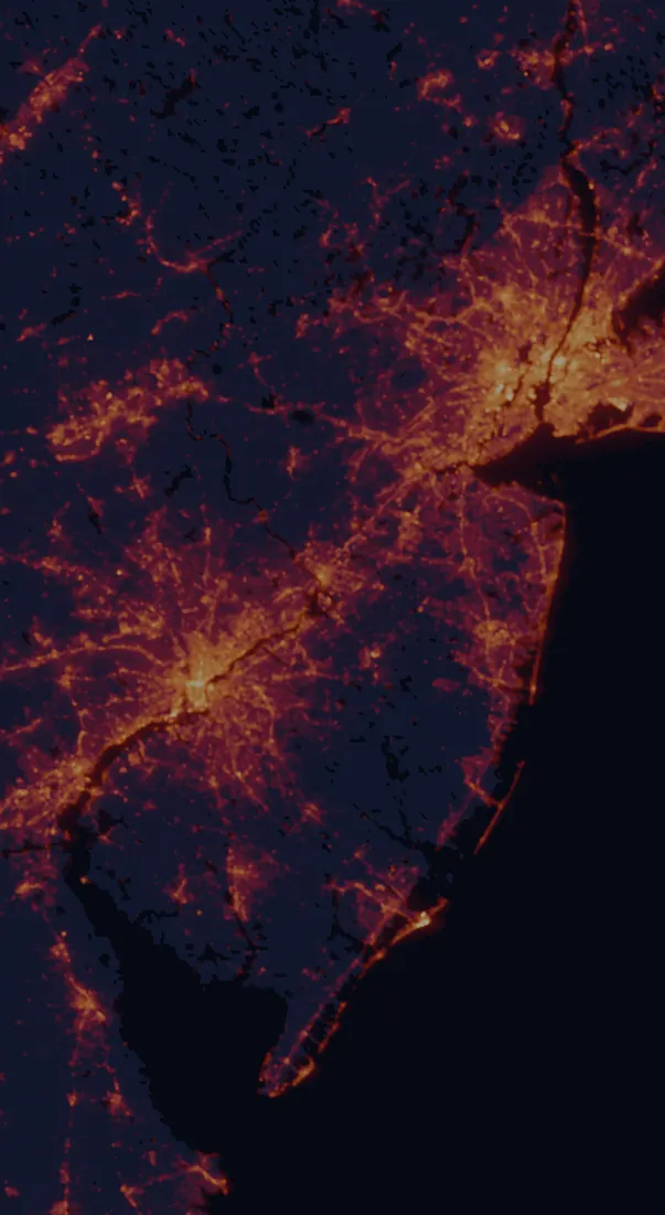 NASA satellite night-lights map of New Jersey with every place marked